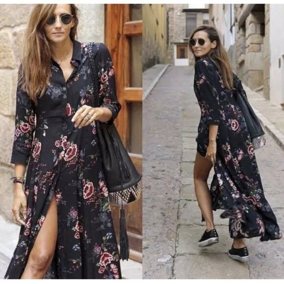 Zara Black Boho Printed Floral Dress Maxi Long Women’s Extra Small Rare Unique - Picture 1 of 10